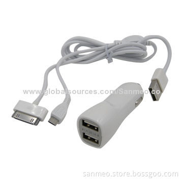 3-in-1 Dual USB Port Car Charger for iPhone/iPad/Micro USB, Simple Clean/Fashionable DesignNew